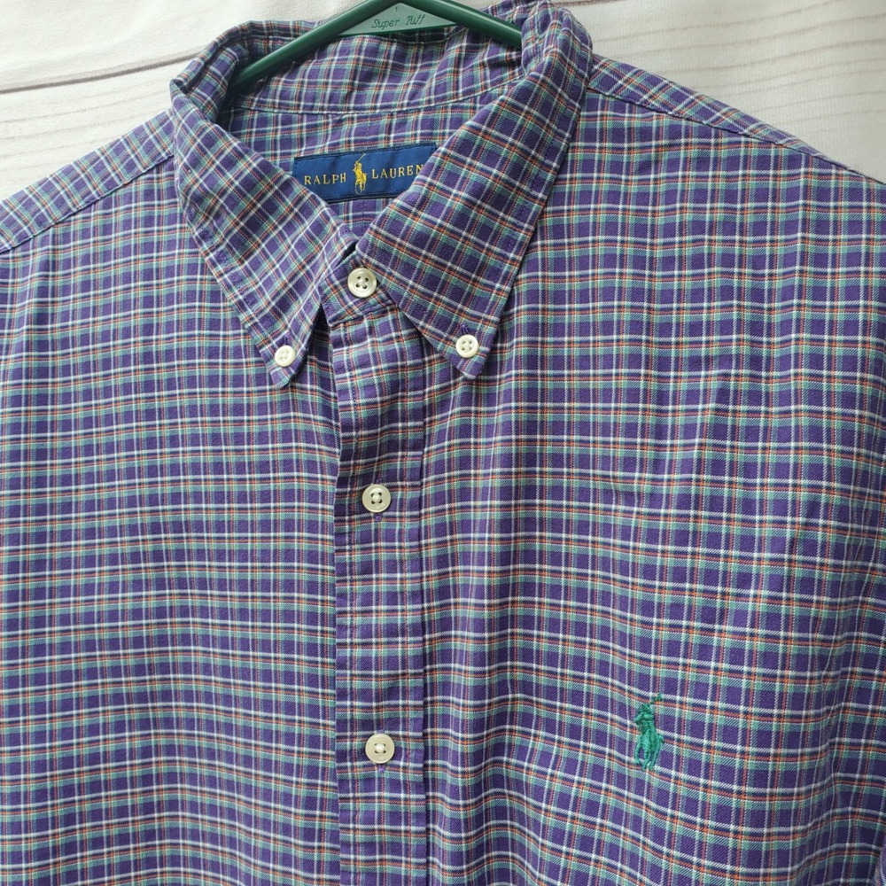 Ralph Lauren Mens XL Plaid Button Down Shirt Purple Green Long Sleeve Pony